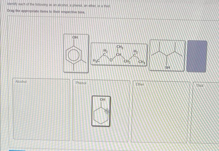 Identify Each Of The Following As An Alcohol A Phenol An Ether Or A Thiol Drag The Appropriate Items To Their Respect 1