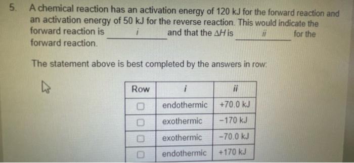 5 A Chemical Reaction Has An Activation Energy Of 120 Kj For The Forward Reaction And An Activation Energy Of 50 Kj For 1