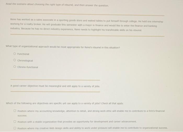 Read The Scenario About Choosing The Right Type Of Resume And Then Answer The Question Rene Has Worked As A Sales Assoc 1
