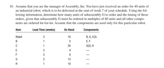 10 Assume That You Are The Manager Of Assembly Inc You Have Just Received An Order For 40 Units Of An Industrial Robo 1