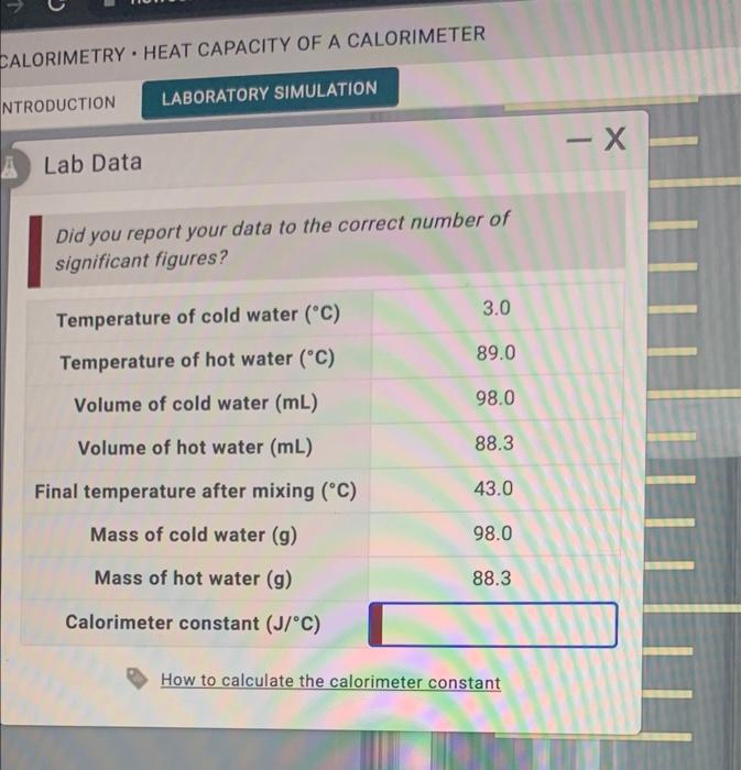 Calorimetry Heat Capacity Of A Calorimeter Ntroduction Lab Data Laboratory Simulation Did You Report Your Data To The Co 1
