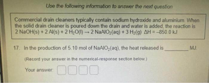 Use The Following Information To Answer The Next Question Commercial Drain Cleaners Typically Contain Sodium Hydroxide A 1