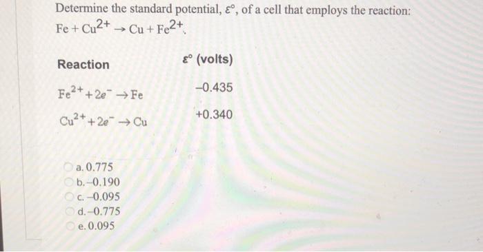 Determine The Standard Potential O Of A Cell That Employs The Reaction Fe Cu2 Cu Fe2 Reaction Fe 2e Fe Cu 1