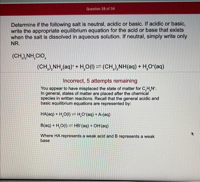 Question 28 Of 34 Determine If The Following Salt Is Neutral Acidic Or Basic If Acidic Or Basic Write The Appropriate 1