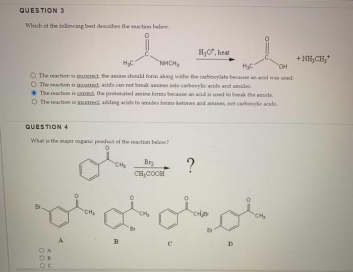 Question 3 Which Of The Following Best Describes The Reaction Below H C Nhch H C Oh O The Reaction Is Incorrect The Am 1