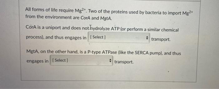 All Forms Of Life Require Mg2 Two Of The Proteins Used By Bacteria To Import Mg2 From The Environment Are Cora And Mg 1