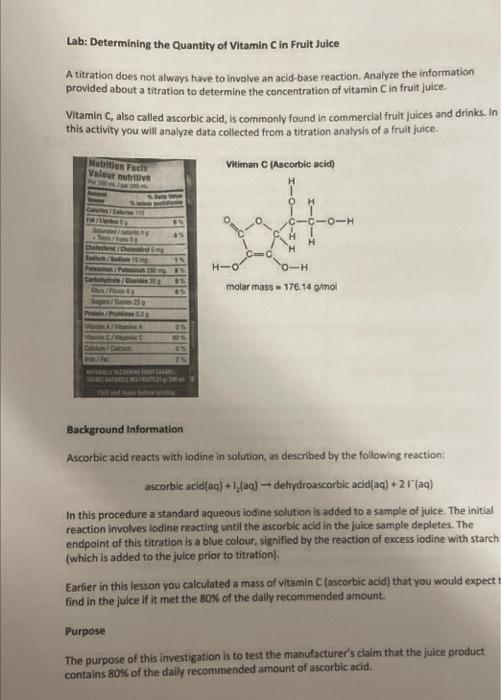 Lab Determining The Quantity Of Vitamin C In Fruit Juice A Titration Does Not Always Have To Involve An Acid Base React 1