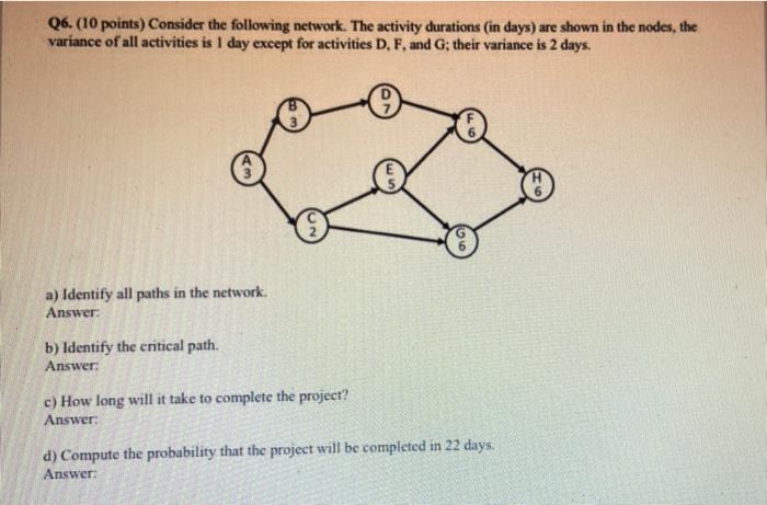 Q6 10 Points Consider The Following Network The Activity Durations In Days Are Shown In The Nodes The Variance Of 1