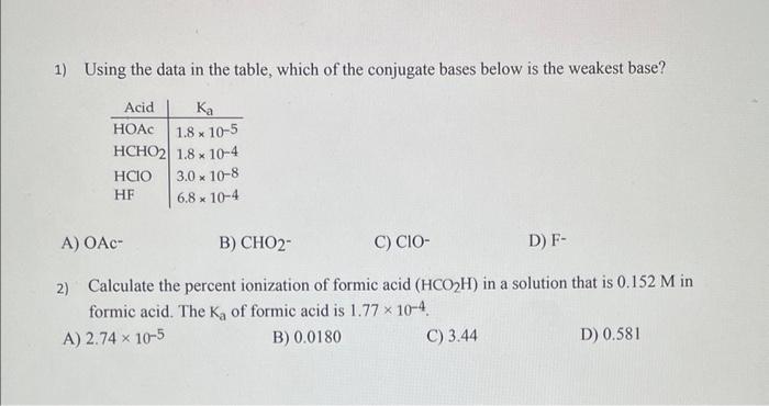1 Using The Data In The Table Which Of The Conjugate Bases Below Is The Weakest Base Acid Ka Hoac 1 8 X 10 5 Hcho2 1 1