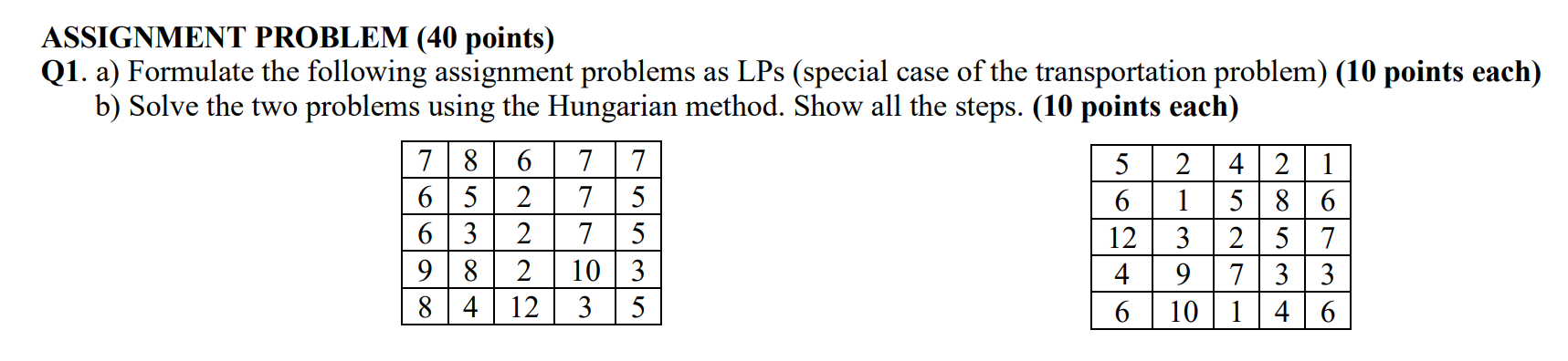 Assignment Problem 40 Points Q1 A Formulate The Following Assignment Problems As Lps Special Case Of The Transporta 1
