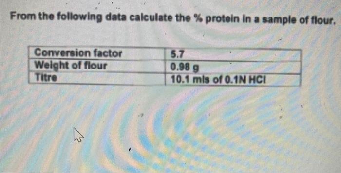 From The Following Data Calculate The Protein In A Sample Of Flour Conversion Factor Weight Of Flour Titre 5 7 0 98 G 1