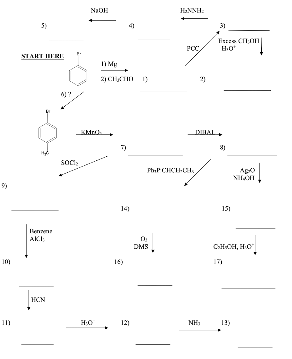 9 10 11 5 Start Here Br H C Benzene Aic13 Hcn 6 Br Soci2 Naoh Kmno4 H3o 1 Mg 2 Ch3cho 1 7 4 14 16 12 H N 1