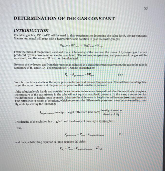 Determination Of The Gas Constant Introduction The Ideal Gas Law Pv Nrt Will Be Used In This Experiment To Determine 1