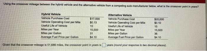 Using The Crossover Mileage Between The Hybrid Vehicle And The Alternative Vehicle From A Competing Auto Manufacturer Be 1
