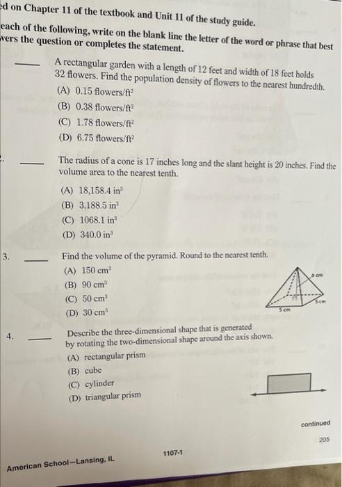 Ed On Chapter 11 Of The Textbook And Unit 11 Of The Study Guide Each Of The Following Write On The Blank Line The Lett 1