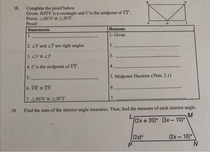 18 Complete The Proof Below Given Rstv Is A Rectangle And U Is The Midpoint Of Vt Prove Aruv Asut Proof Statements 1