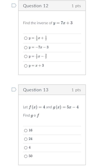 D Question 8 The Graph Of A Function An It S Inverse Are Reflections Of Each Other Across What Line O Y X 0x 0 Oy 0 1 4