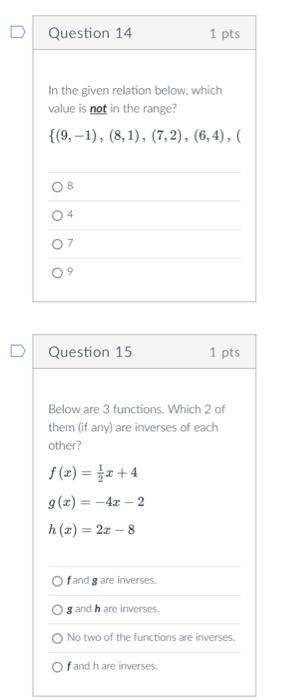D Question 8 The Graph Of A Function An It S Inverse Are Reflections Of Each Other Across What Line O Y X 0x 0 Oy 0 1 5