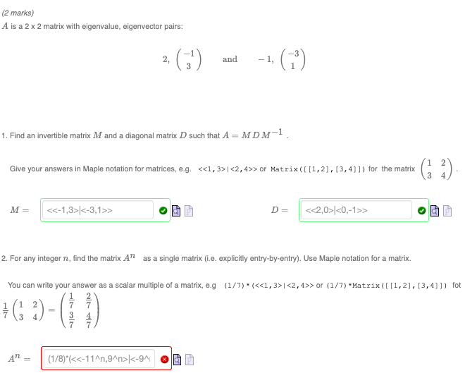 2 Marks A Is A 2 X 2 Matrix With Eigenvalue Eigenvector Pairs M 2 1 Find An Invertible Matrix M And A Diagonal Ma 1