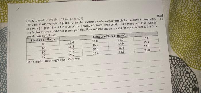 Q6 2 Based On Problem 11 42 Page 424 Marl For A Particular Variety Of Plant Researchers Wanted To Develop A Formula 1