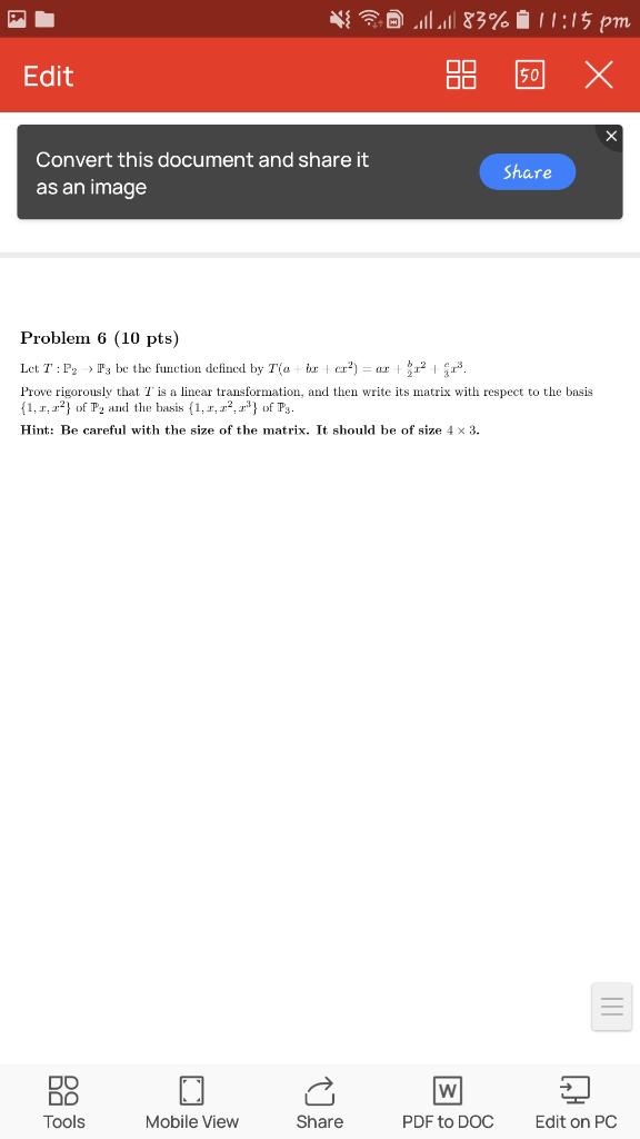 Edit Convert This Document And Share It As An Image Do Do Tools Mobile View 83 11 15 Pm X Share 00 Problem 6 10 Pts L 1
