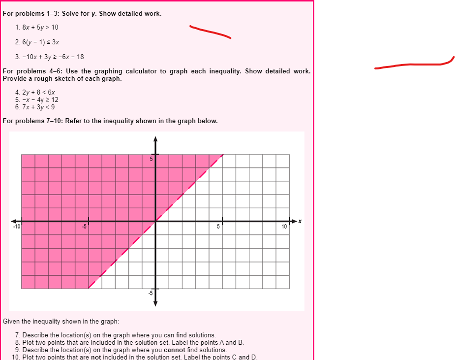 For Problems 1 3 Solve For Y Show Detailed Work 1 8x 5y 10 2 6 Y 1 3x 3 10x 3y 2 6x 18 For Problems 4 6 1