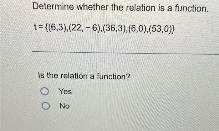 Determine Whether The Relation Is A Function T 6 3 22 6 36 3 6 0 53 0 Is The Relation A Function Yes N 1