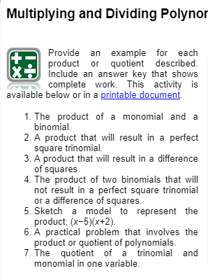Multiplying And Dividing Polynor Provide An Example For Each Product Or Quotient Described Include An Answer Key That S 1