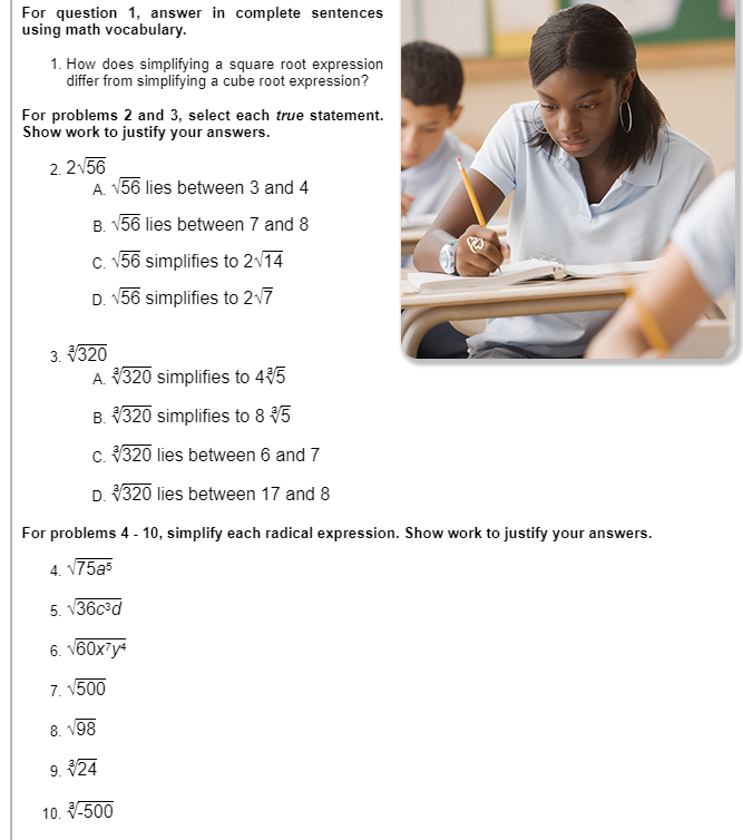 For Question 1 Answer In Complete Sentences Using Math Vocabulary 1 How Does Simplifying A Square Root Expression Dif 1