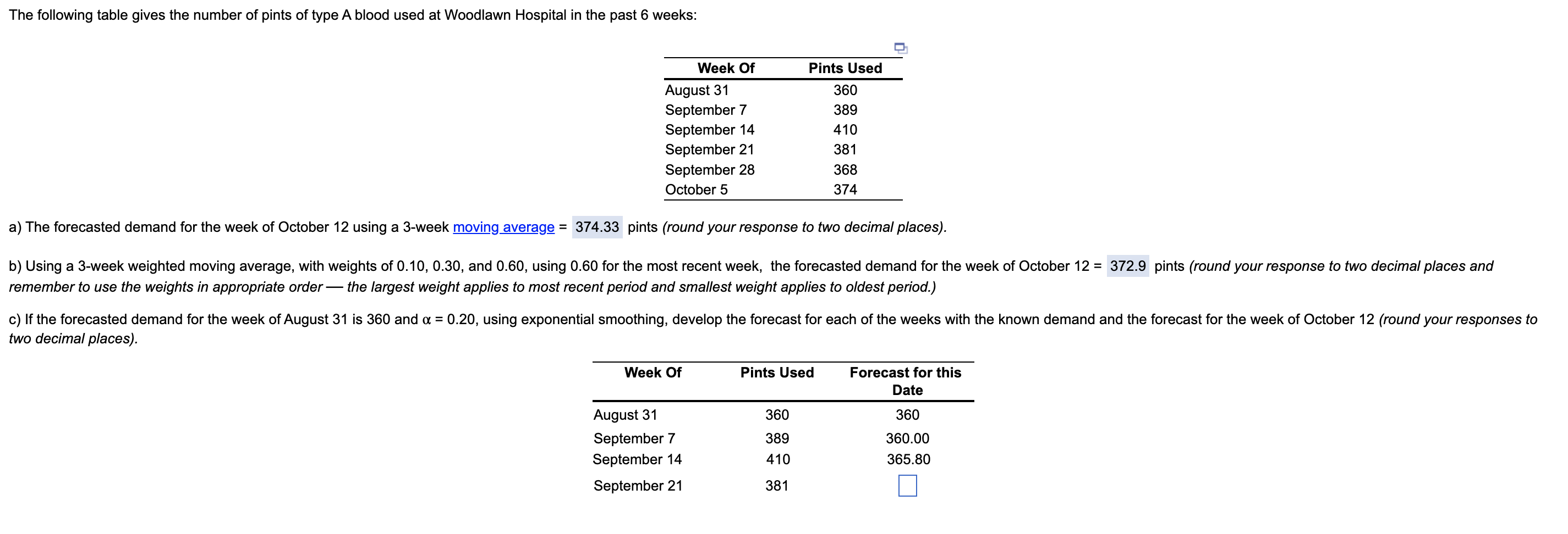 The Following Table Gives The Number Of Pints Of Type A Blood Used At Woodlawn Hospital In The Past 6 Weeks Pints Used 1