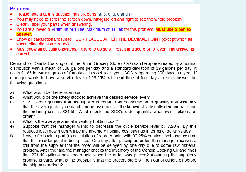 Problem Please Note That This Question Has Six Parts A B C D E And F You May Need To Scroll The Screen Down 1