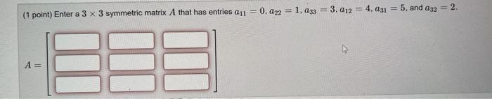1 Point Enter A 3 X 3 Symmetric Matrix A That Has Entries A11 0 022 1 033 3 A12 4 031 A 5 And A32 2 1