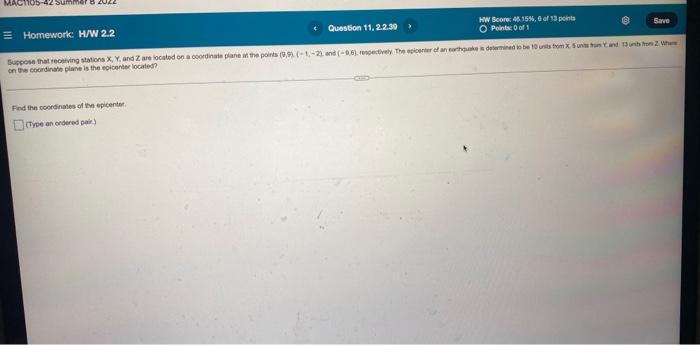105 42 Summer Hw Score 45 15 6 Of 13 Points O Points 0 Of 1 Find The Coordinates Of The Epicenter Type An Ordered 1