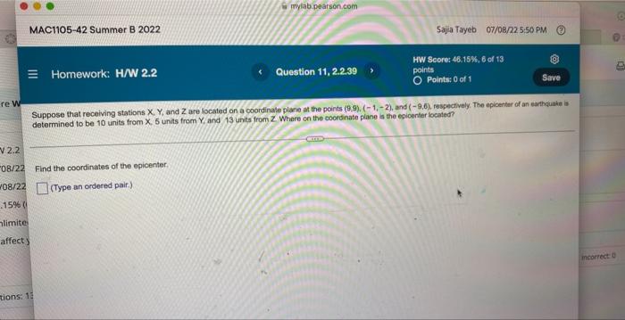 105 42 Summer Hw Score 45 15 6 Of 13 Points O Points 0 Of 1 Find The Coordinates Of The Epicenter Type An Ordered 3