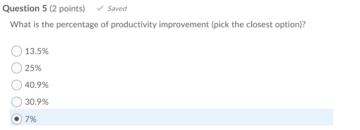 Question 5 2 Points Saved What Is The Percentage Of Productivity Improvement Pick The Closest Option 13 5 25 40 9 1