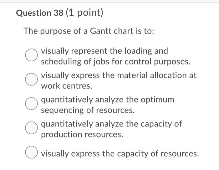 Question 38 1 Point The Purpose Of A Gantt Chart Is To Visually Represent The Loading And Scheduling Of Jobs For Cont 1