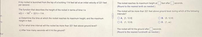 N 15 For A Toy Rocket Is Launched From The Top Of A Building 114 Feet Tall At An Initial Velocity Of 221 Feet Per Second 1