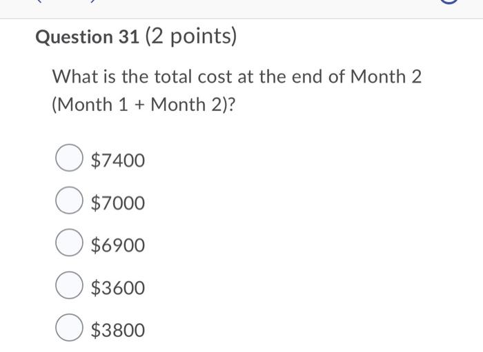 C Question 31 2 Points What Is The Total Cost At The End Of Month 2 Month 1 Month 2 O 7400 O 7000 6900 3600 O 1
