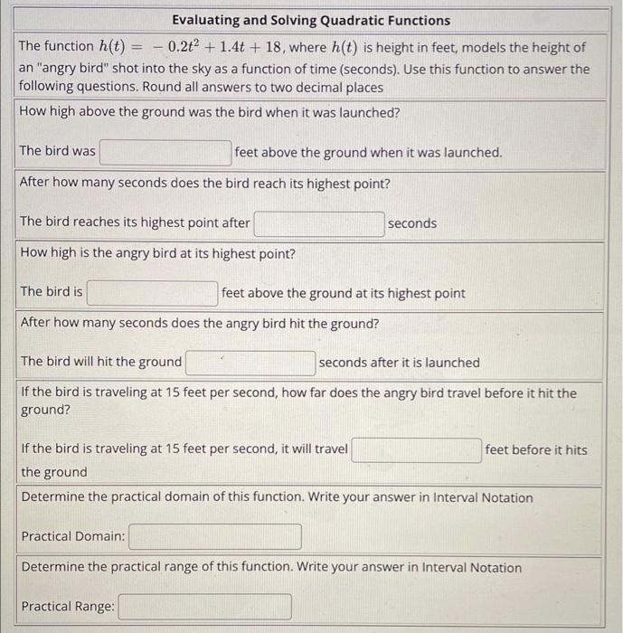 Evaluating And Solving Quadratic Functions The Function H T 0 2t 1 4t 18 Where H T Is Height In Feet Models Th 1