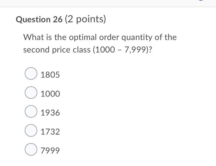 Question 26 2 Points What Is The Optimal Order Quantity Of The Second Price Class 1000 7 999 1805 O 1000 O 1936 O 1