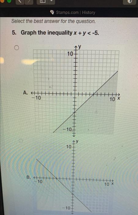 Stamps Com History Select The Best Answer For The Question 5 Graph The Inequality X Y 5 O A 10 B 1 1