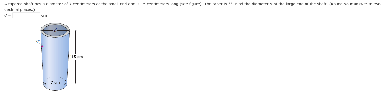 A Tapered Shaft Has A Diameter Of 7 Centimeters At The Small End And Is 15 Centimeters Long See Figure The Taper Is 3 1