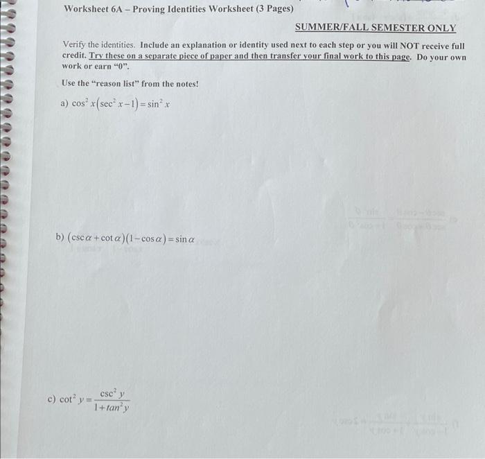 Worksheet 6a Proving Identities Worksheet 3 Pages Summer Fall Semester Only Verify The Identities Include An Explan 1