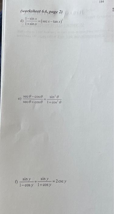 Worksheet 6a Proving Identities Worksheet 3 Pages Summer Fall Semester Only Verify The Identities Include An Explan 2