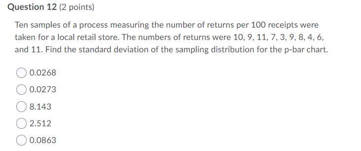 Question 12 2 Points Ten Samples Of A Process Measuring The Number Of Returns Per 100 Receipts Were Taken For A Local 1