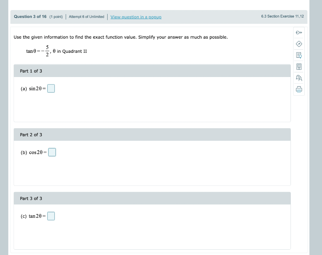 Question 3 Of 16 1 Point Attempt 6 Of Unlimited View Question In A Popup Use The Given Information To Find The Exact F 1