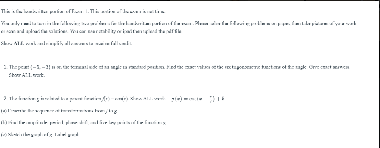 This Is The Handwritten Portion Of Exam 1 This Portion Of The Exam Is Not Time You Only Need To Turn In The Following 1