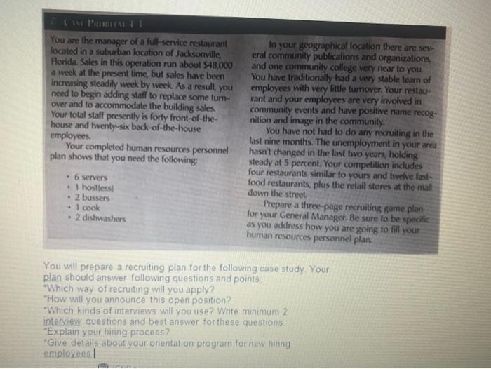 Isi L On You Are The Manager Of A Full Service Restaurant Located In A Suburban Location Of Jacksonville Florida Sales 1