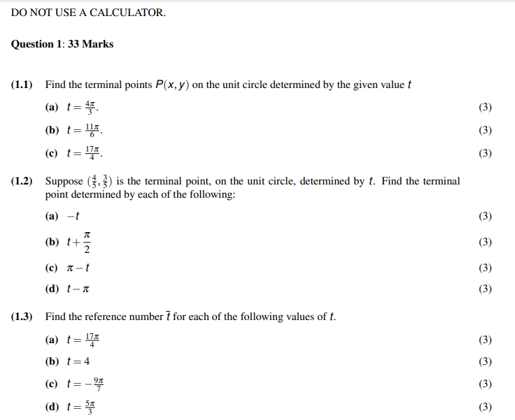 Do Not Use A Calculator Question 1 33 Marks 1 1 Find The Terminal Points P X Y On The Unit Circle Determined By Th 1