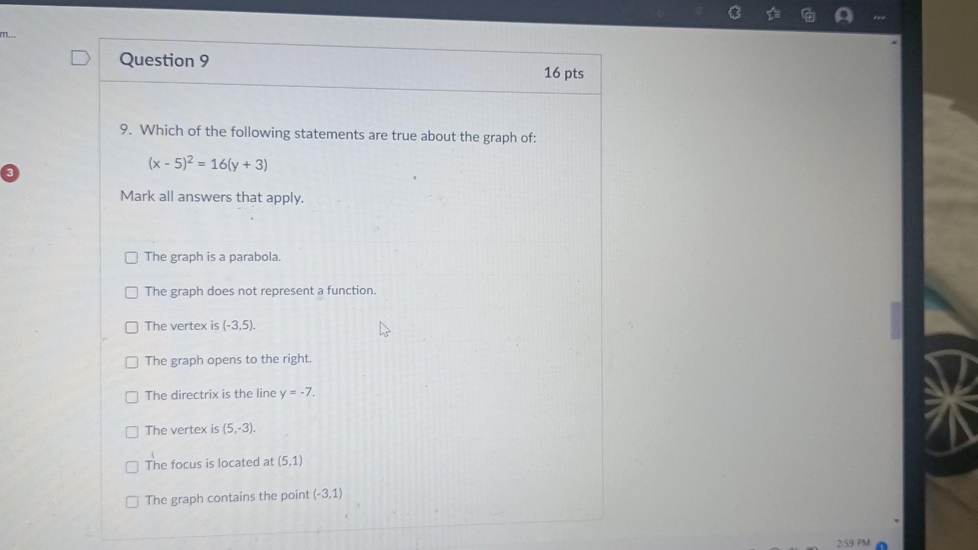 M 3 Question 9 9 Which Of The Following Statements Are True About The Graph Of X 5 2 16 Y 3 Mark All Answer 1